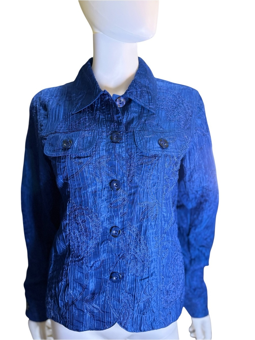 A La Carte Women's Textured Button-Up Blazer Jacket in Deep Blue Size Small EUC